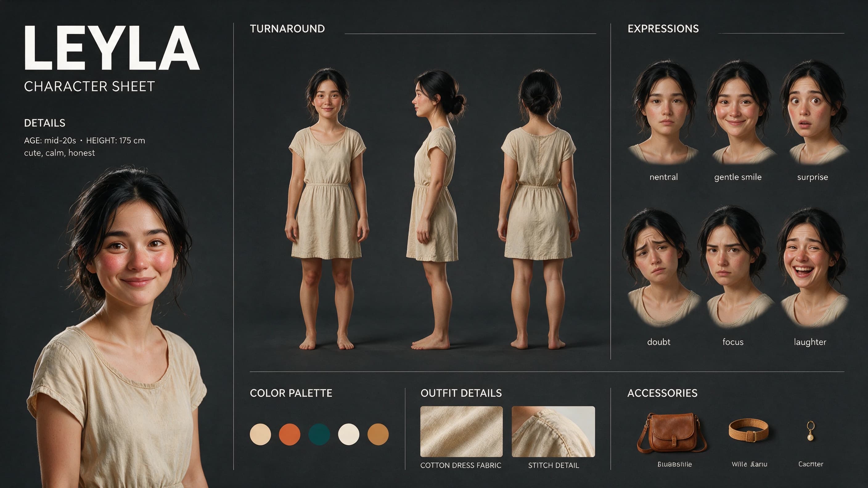 A character sheet: front portrait, three-angle turnaround, six expression studies, colour palette, wardrobe and accessories