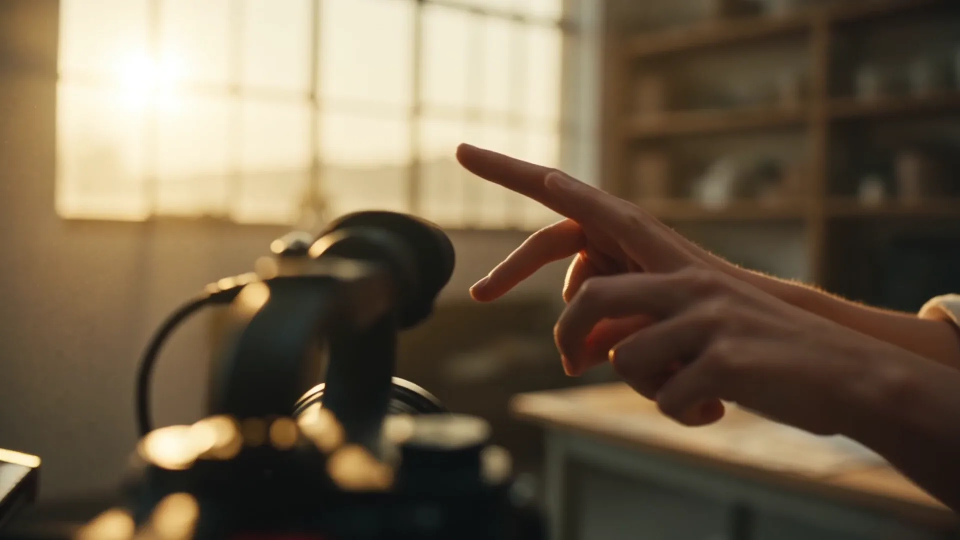 A woman in a sunlit loft turns from a camera rig to a synthesiser, past a wall of hand-drawn storyboard panels, to her hands shaping clay on a wheel — one continuous take made in PrismPoster