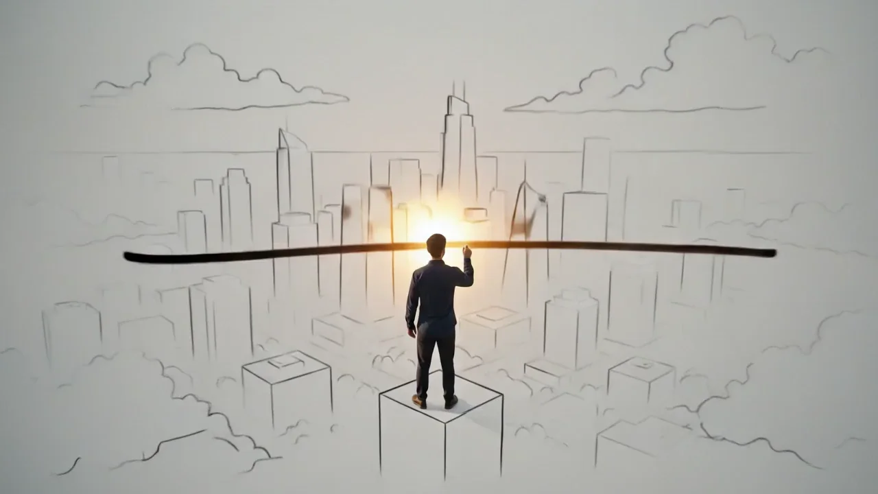 A hand-drawn city skyline in which a figure draws the horizon open into daylight