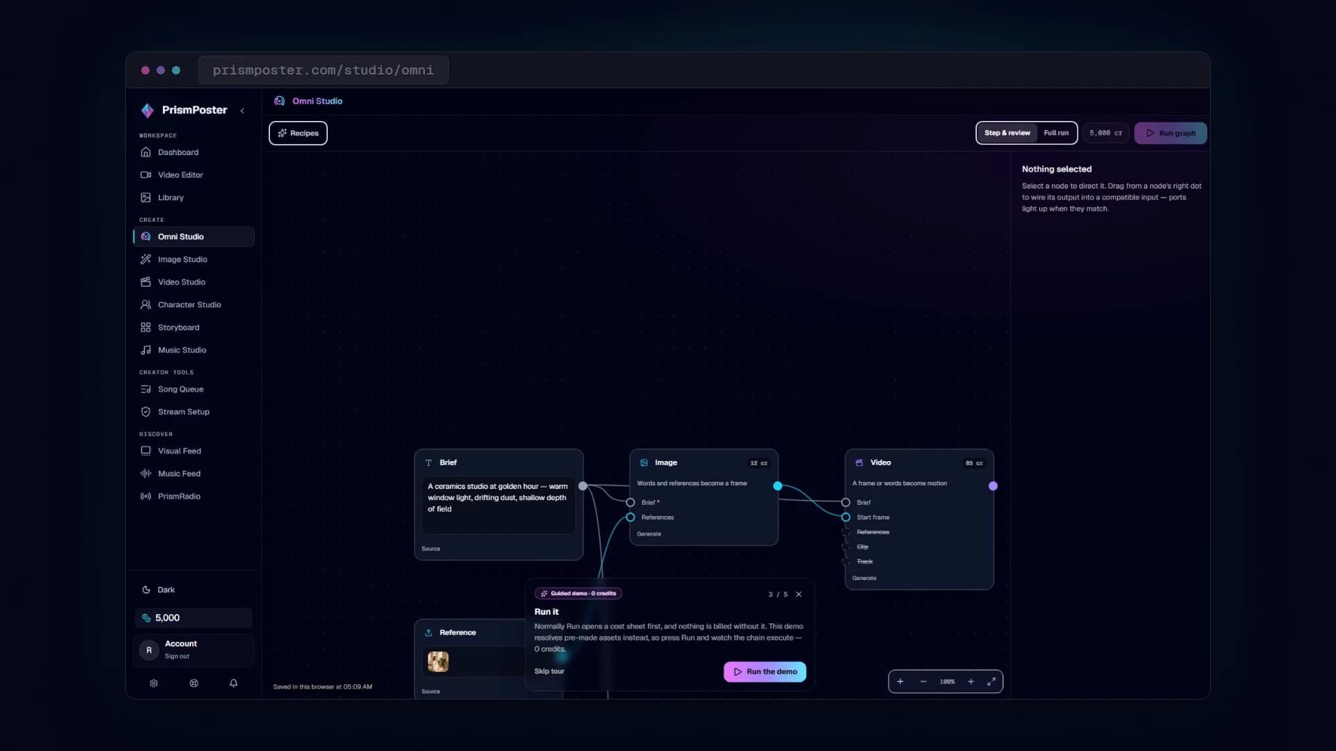 The Omni Studio canvas: a brief and a reference feeding an image node, the image feeding a video node, and a music node, each filling with its own finished result