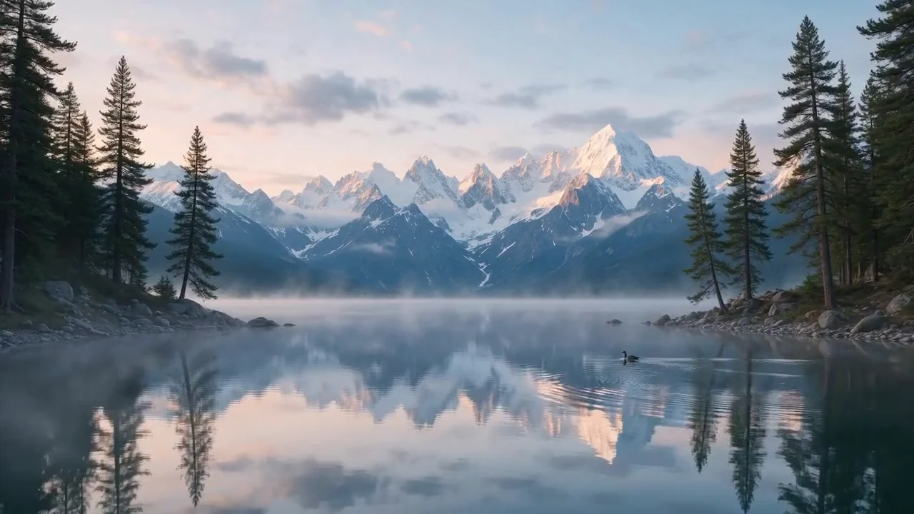 A misty alpine lake below snowy peaks at sunrise