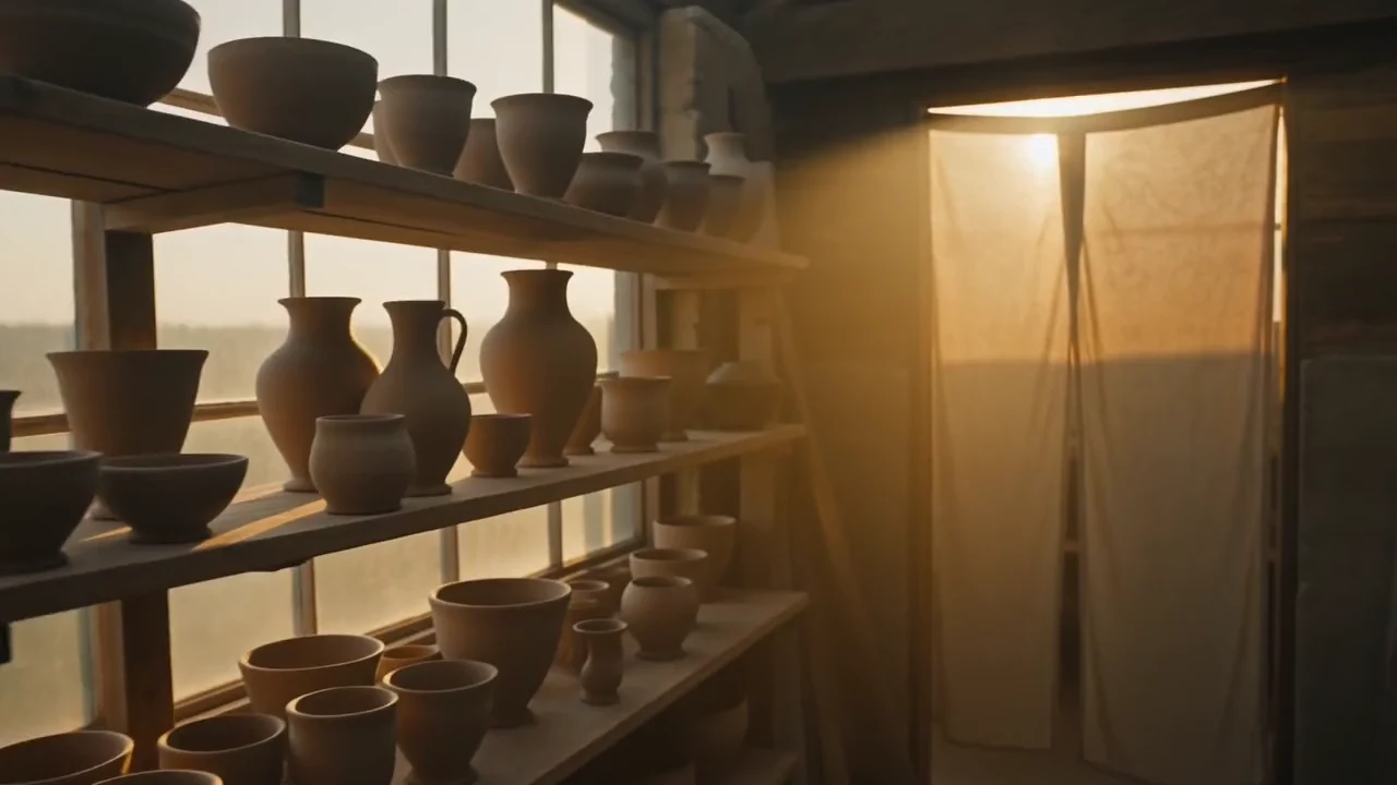 Clay-covered hands shaping a vase on a potter’s wheel