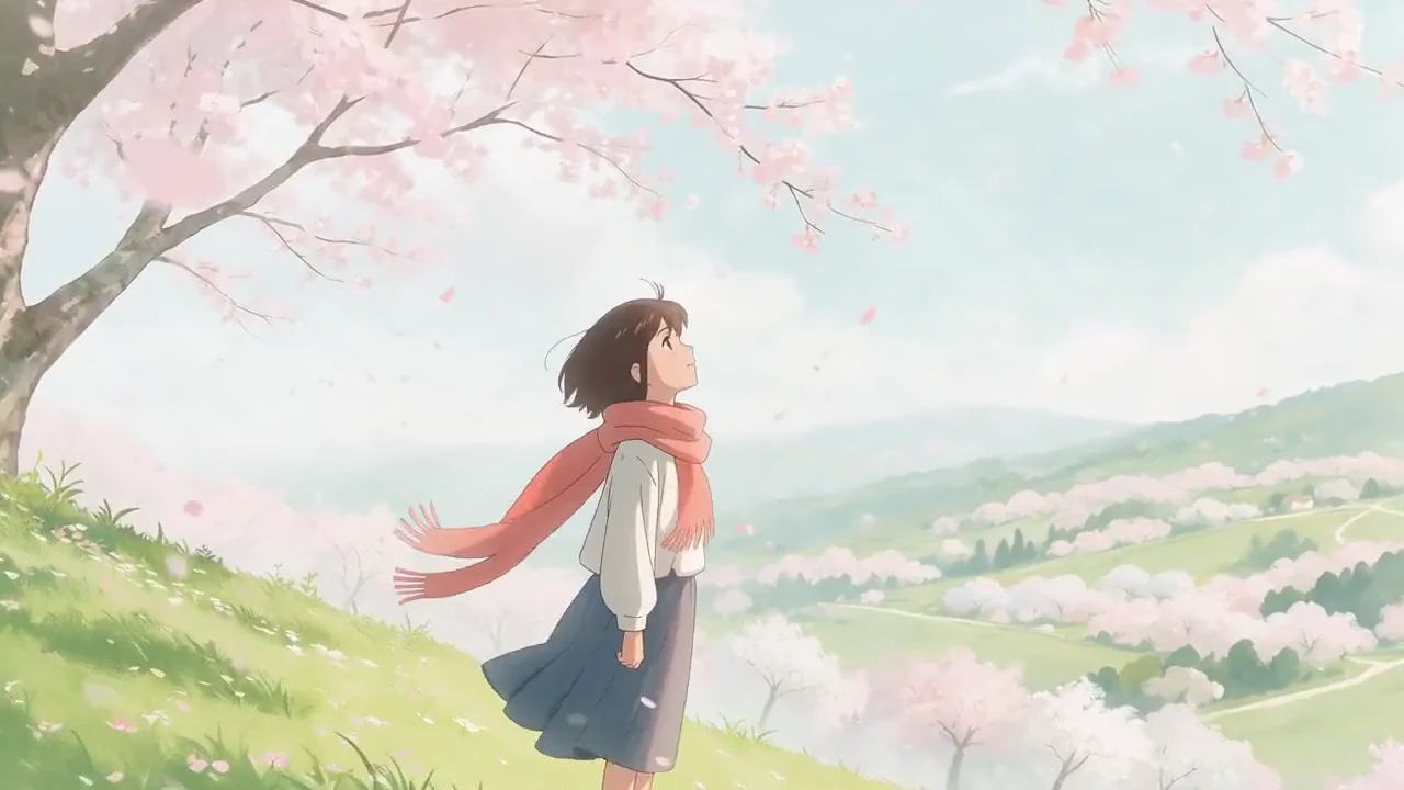 A painted girl on a grassy hill under cherry blossoms