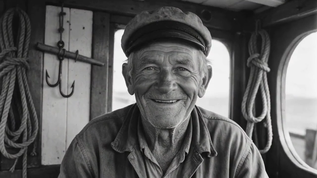 A black-and-white portrait of an old fisherman in his boat’s cabin