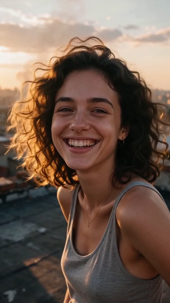 A laughing young woman on a rooftop, the first shot of a vertical Short made from three photos