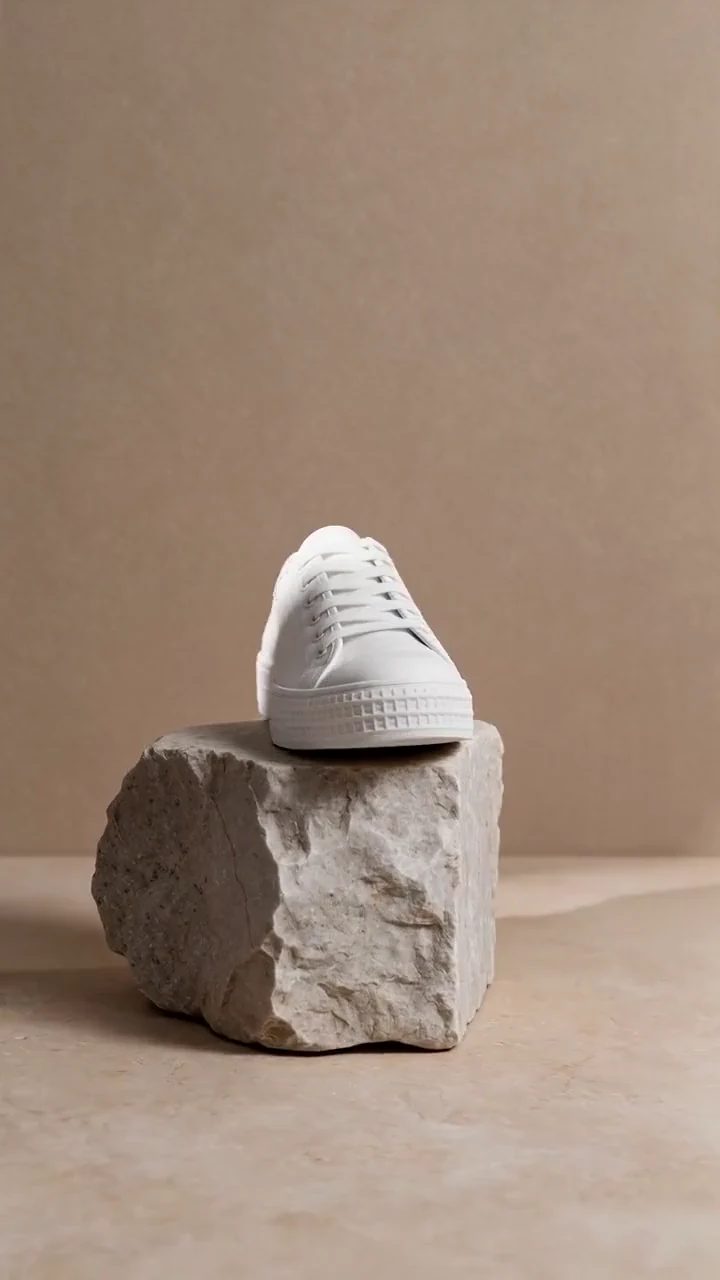 A white sneaker on a stone plinth